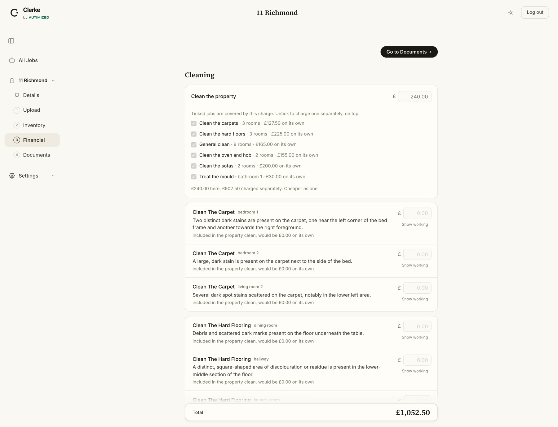 The financial stage, showing charges, the deposit held and what goes back