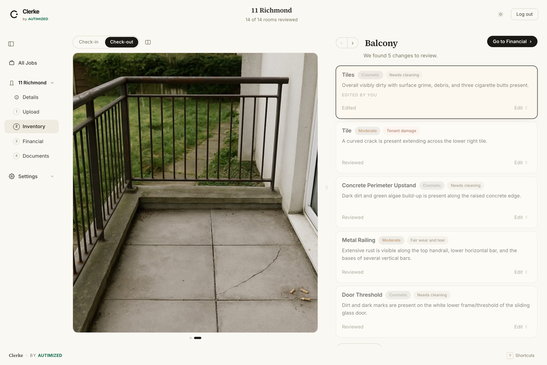 The review screen, a balcony photograph beside five labelled findings