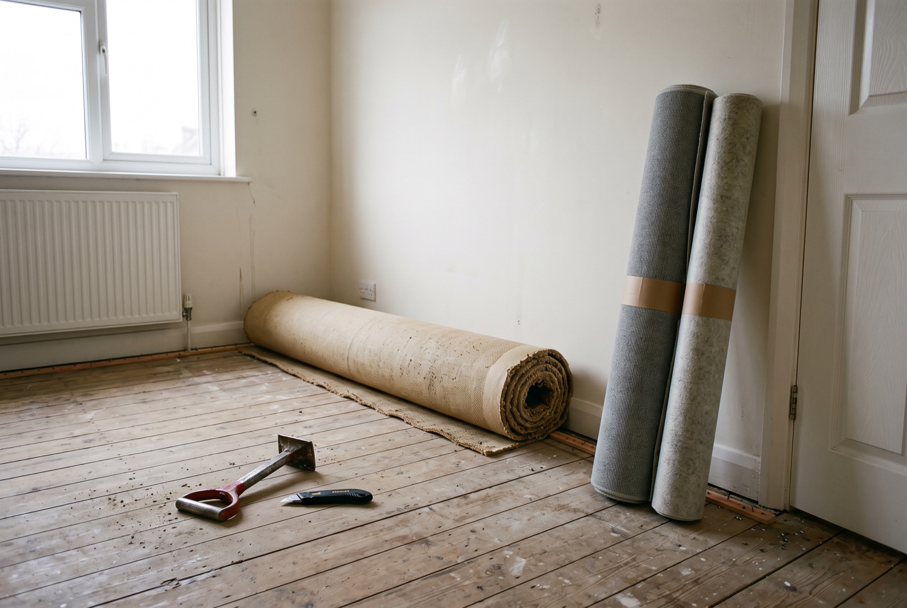 An empty bedroom mid-refit, old carpet rolled up, new carpet waiting by the door