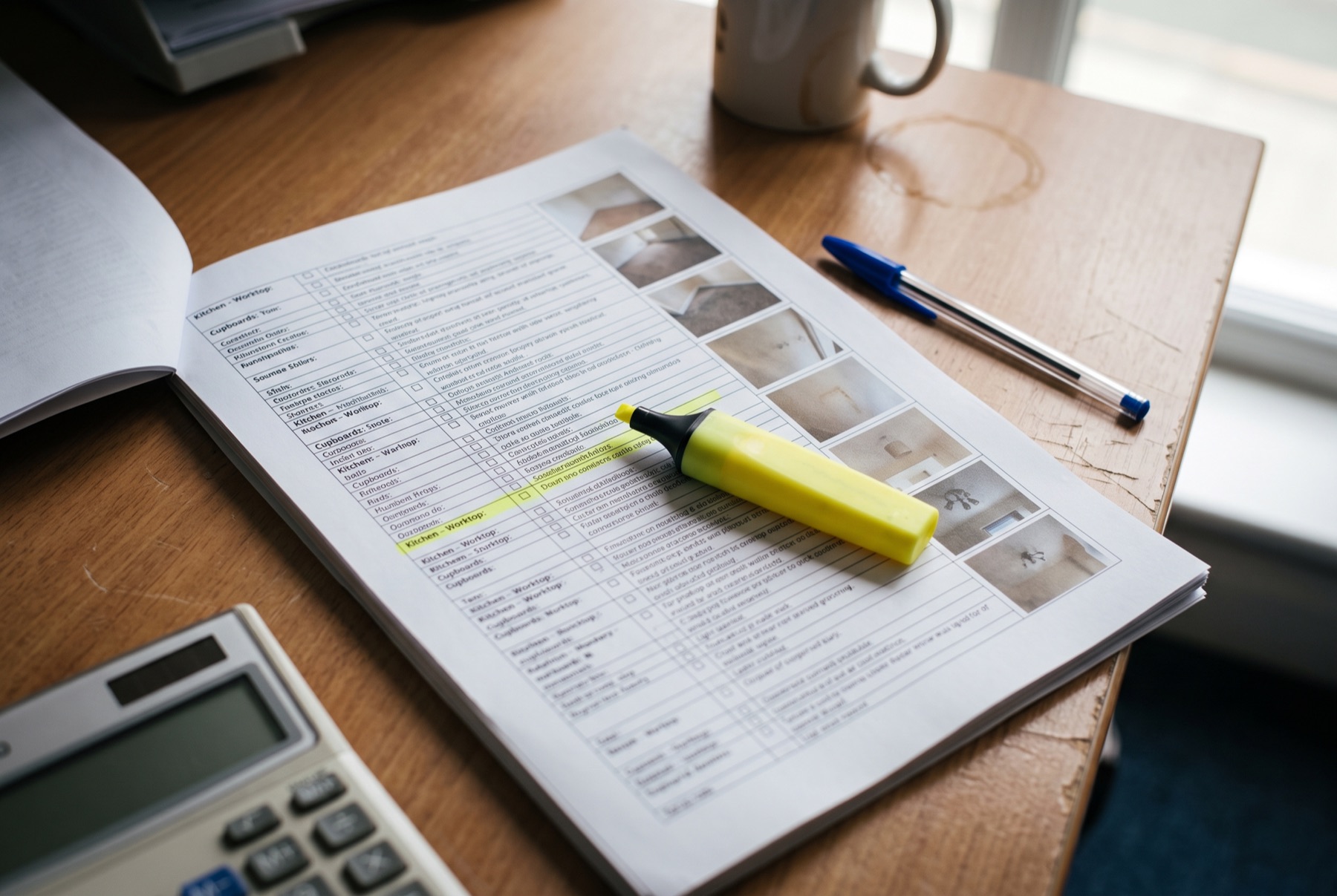 An inventory clerk's report open on a desk, room descriptions and no prices