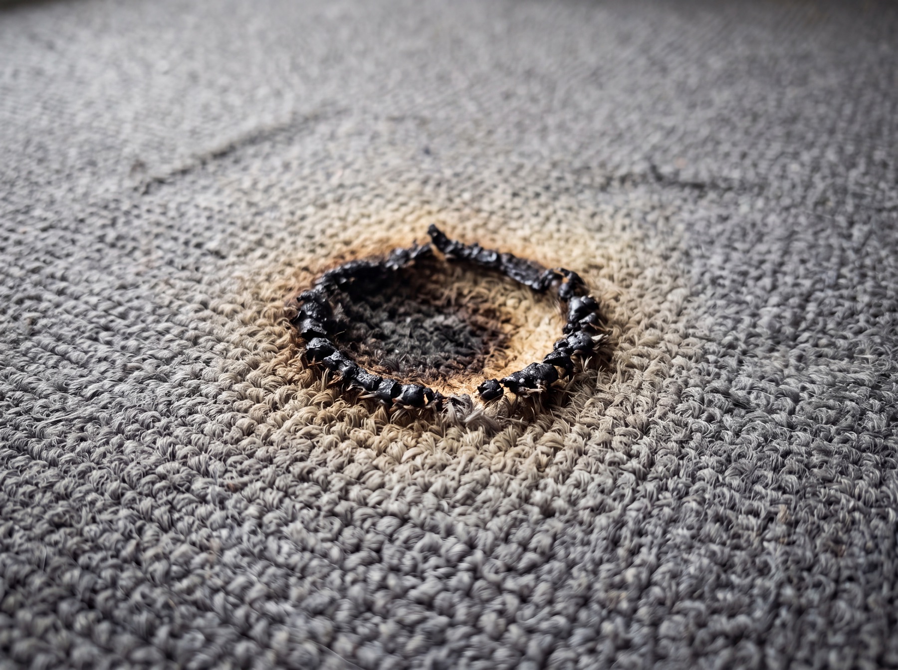 A cigarette burn melted into a grey carpet, photographed close in raking daylight