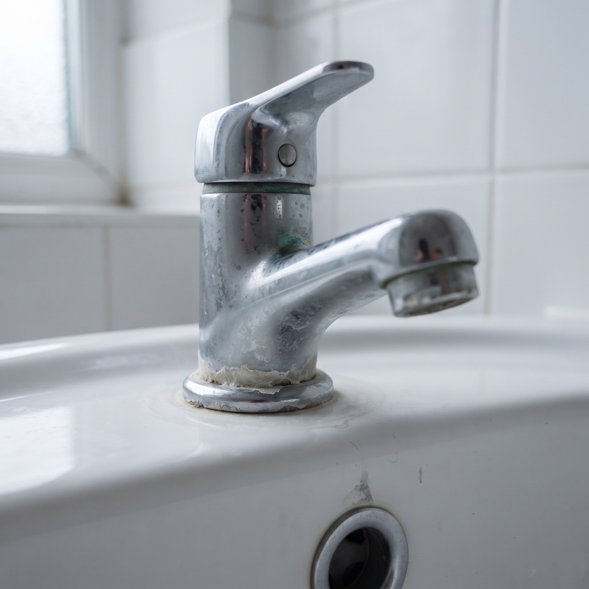 Limescale round a basin tap